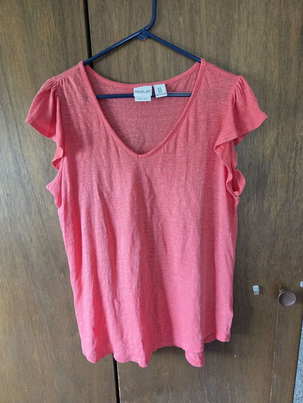 Rachel Zoe 100% Linen Coral Ruffle Cap-Sleeve V-Neck Top 1X